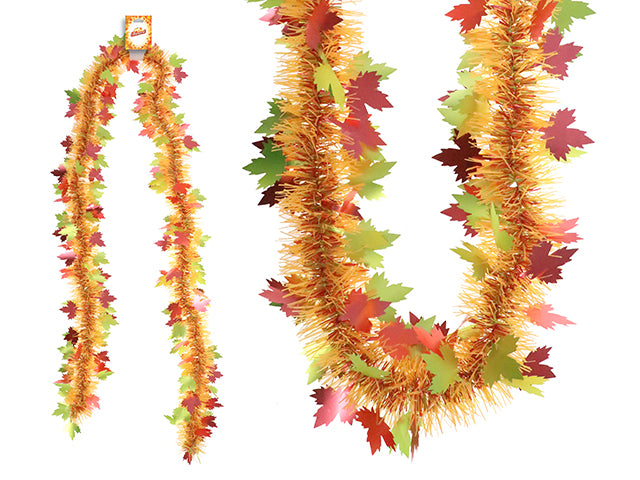 Carton of 24 6.5ft x 5ply Matte Multi-Tone Maple Leaf Tinsel Garland. 3-1/8in Tips. h/c.