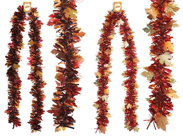 Carton of 24 6.5ft x 5ply Chunky Embossed Maple Leaf Tinsel Garland. 4in Tips. 2 Asst.Styles. h/c.