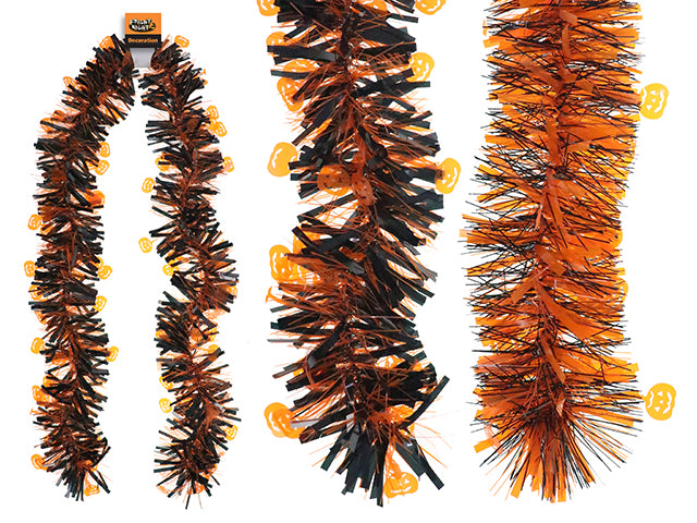 Carton of 24 6.5ft x 4ply Die-Cut Jack-o-Lantern Chunky Tinsel Garland. 5.9in Tips. 2 Asst.Styles. h/c.