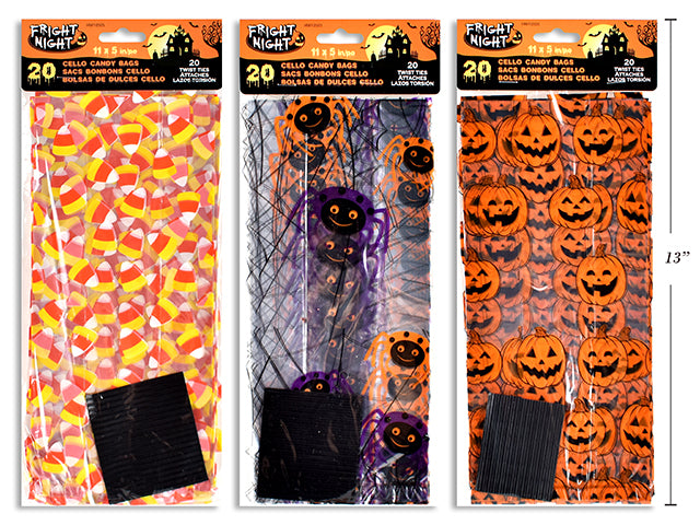 Carton of 36 20pk 11in x 5in x 3in Hween Cello Candy Bags. 3 Asst Styles. Pbh