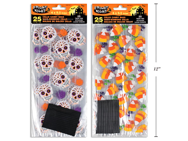 Carton of 36 25pk 9.5in x 4in Hween Cello Candy Bags. Incl: 25 Black Twist Ties. 2 Asst. Pbh