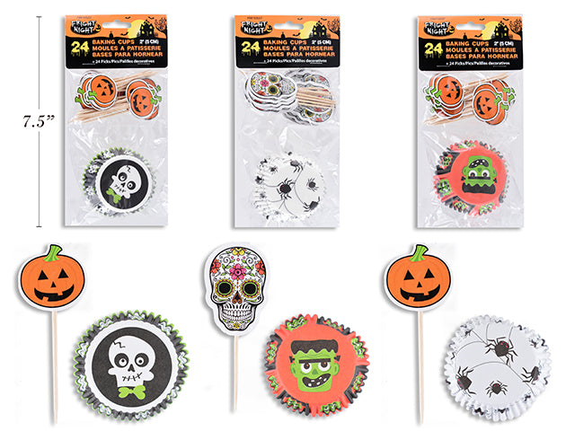 Carton of 24 48pk Hween 2in Baking Cups w/Picks. 3 Asst.Styles. Pbh.