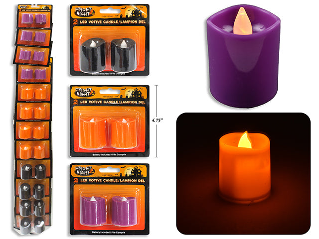 Carton of 24 2pk Hween Flickering LED Votive Candle. b/c. 3 Asst Colours. 12/Clip Strip.