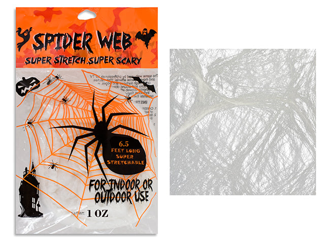 Carton of 12 1oz Deluxe Super Stretchable Spider Web. Stretch up to 6.5 Feet. Fty English Printed Bag.