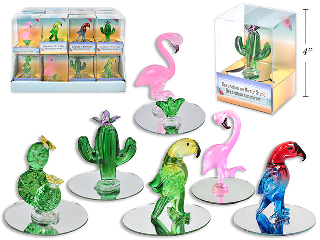 Carton of 24 Glass Cactus Parrot Or Flamingo On Glass Mirror Stand