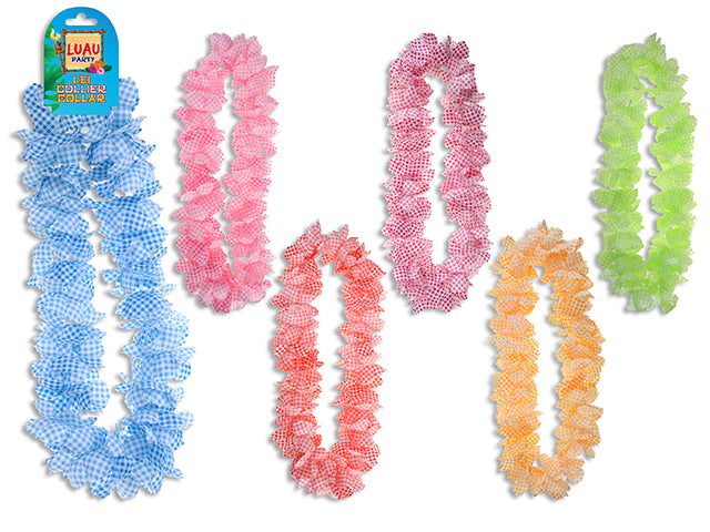 Carton of 12 40In Pastel Gingham Luau Flower Leis. 6 Asst.Colours. H/C.