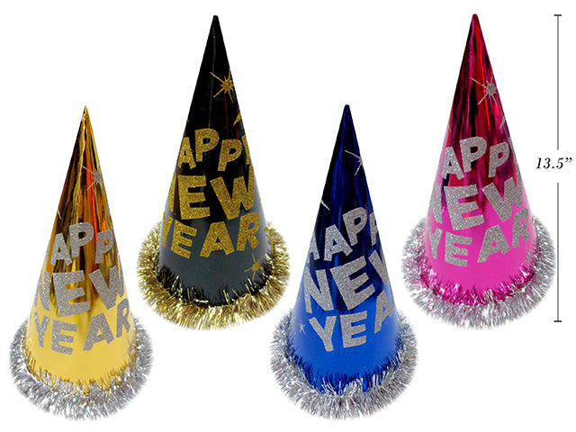 Carton of 12 Happy New Year Foil Hat With Tinsel Rim