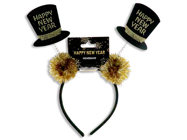 Carton of 24 Happy New Year Glitter Top Hat Headband With Tinsel Pom Pom