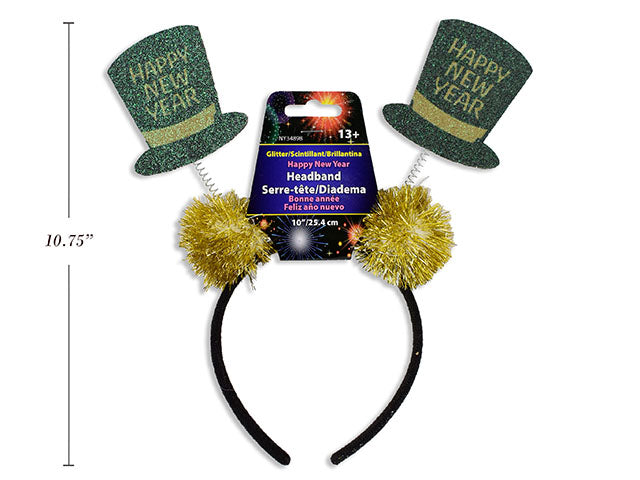 Carton of 24 Happy New Year Glitter Top Hat Headband With Tinsel Pom Pom