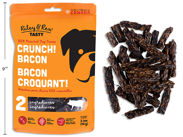 Carton of 12 Crunch! Bacon. 90G. Resealable Peggable Pouch.