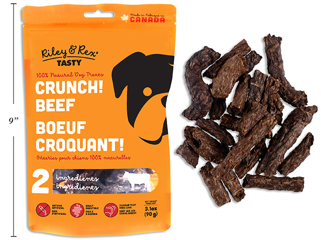 Carton of 12 Crunch! Beef. 90G. Resealable Peggable Pouch.