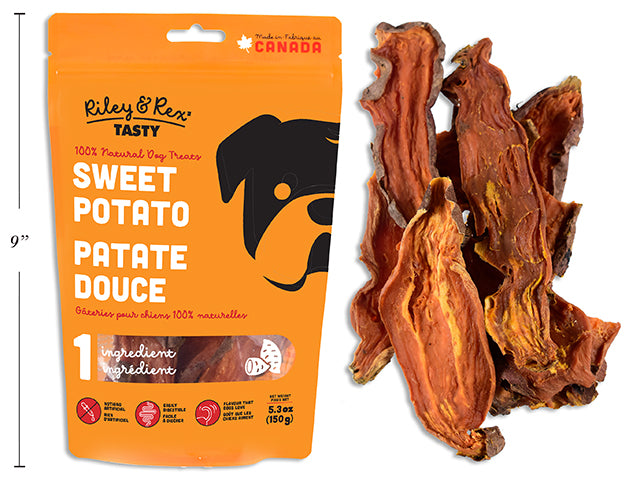 Carton of 12 Sweet Potato Chews. 150G. Resealable Peggable Pouch.