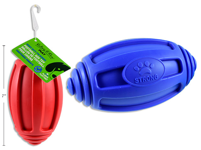 Carton of 12 7In X 4In Heavy Duty Pet Tpr Rubber Football. 2 Asst.Colours. J-Hook W/Cht.