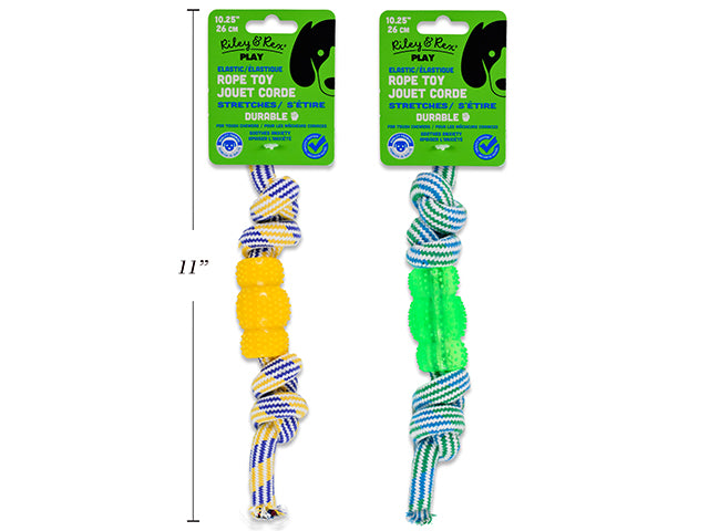 Carton of 12 10.25In Elastic Rope Knots W/Bone. 2 Asst.Colours: Green / Yellow. Header Card.