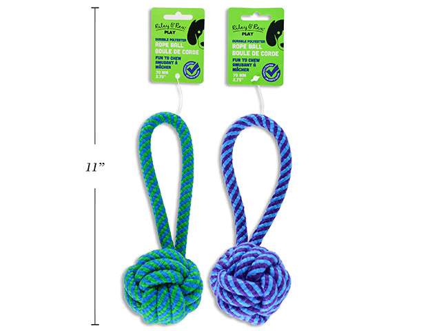 Carton of 12 7In(L) 70Mm Polyester Dog Rope Ball W/Handle. 65G. 2 Asst.Colours. H/C.