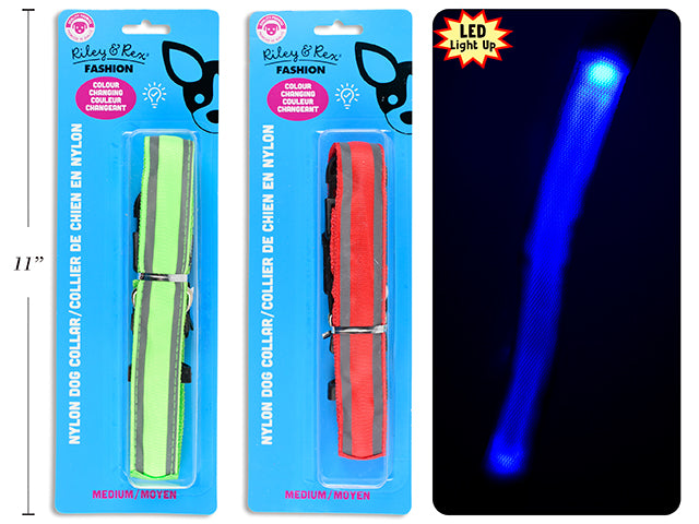 Carton of 12 B/O Light Up Dog Nylon Collar - Medium. 1In Width. 2 Cols: Red / Blue. B/C.