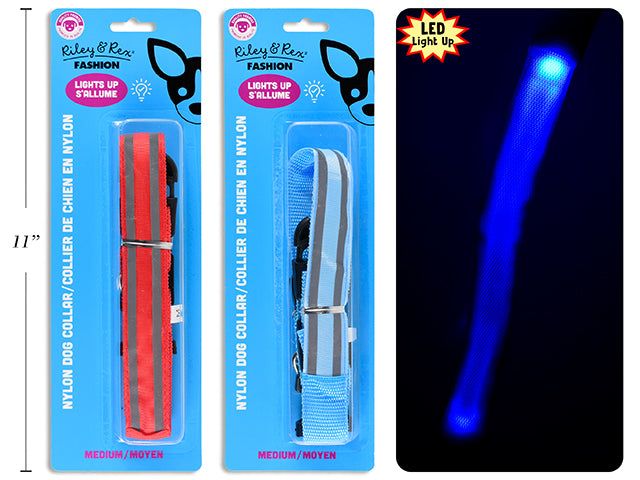 Carton of 12 B/O Light Up Dog Nylon Collar - Medium. 1In Width. 2 Cols: Red / Blue. B/C.