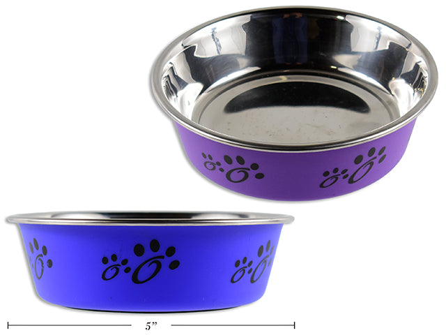 Carton of 12 5In Non-Slip Tpr Printed Stainless Steel Pet Bowl. 2 Asst.Colours: Dark Purple / Blue. Col.Label.