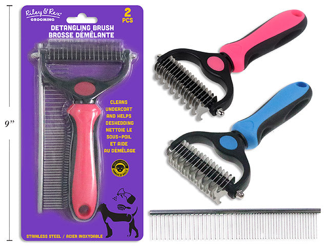 Carton of 24 Set/2 Double Sided Pet Detangling Brush W/Non-Slip Handle. Incl: S/S Comb. 2 Asst.Cols. B/C.