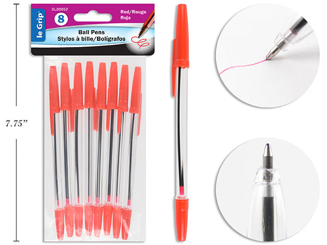 Carton of 24 Red Ink Clear Barrel Ball Pen 8 Pack