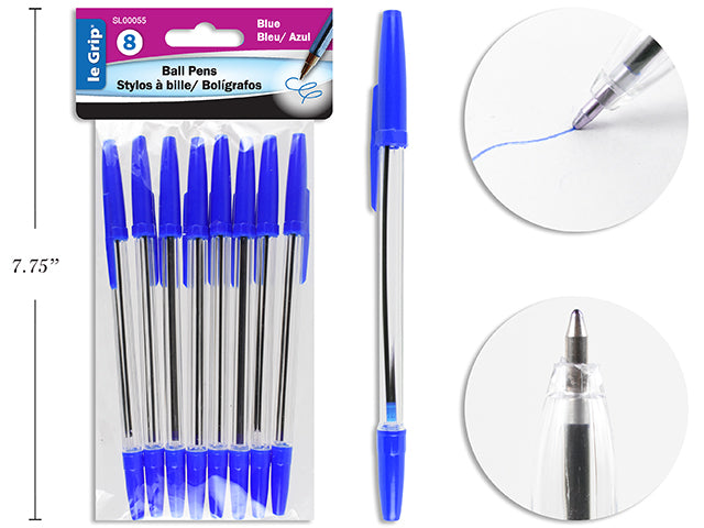 Carton of 24 Blue Ink Clear Barrel Pens 8 Pack