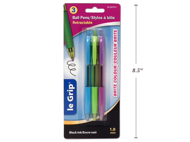 Carton of 12 Retractable Black Ink Pens With Grip 3 Pack