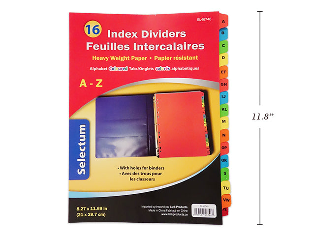 Carton of 12 Index Dividers With Alphabet Color Tab 16 Pack