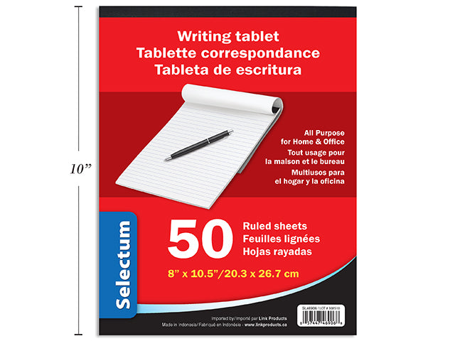 Carton of 12 Writing Tablet 8X10 Lined 50 Sheets Top Open"