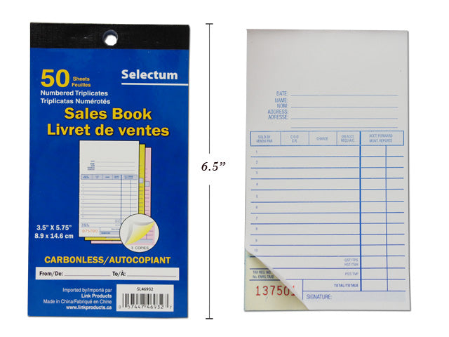 Carton of 10 Tri Carbonless Sales Book 50 Sheets