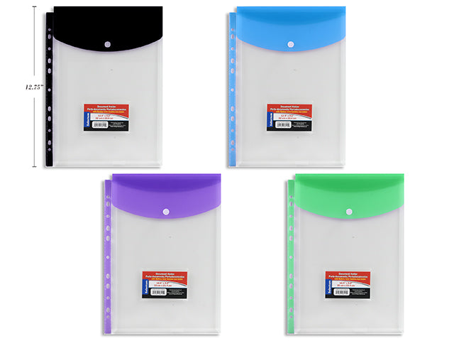 Carton of 12 Binder Plastic Sheet Holder W/Button Closevertical 32X23.4Cm ( 12.5"X9.2" ) Asst Colors + Card Slot