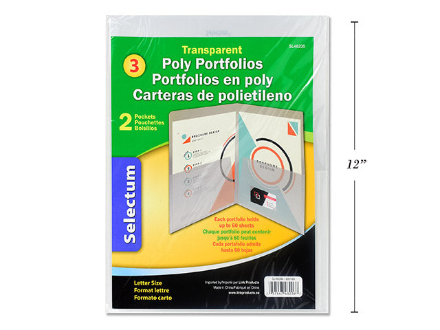 Carton of 24 2 Pocket Poly Clear Portfolios 3 Pack