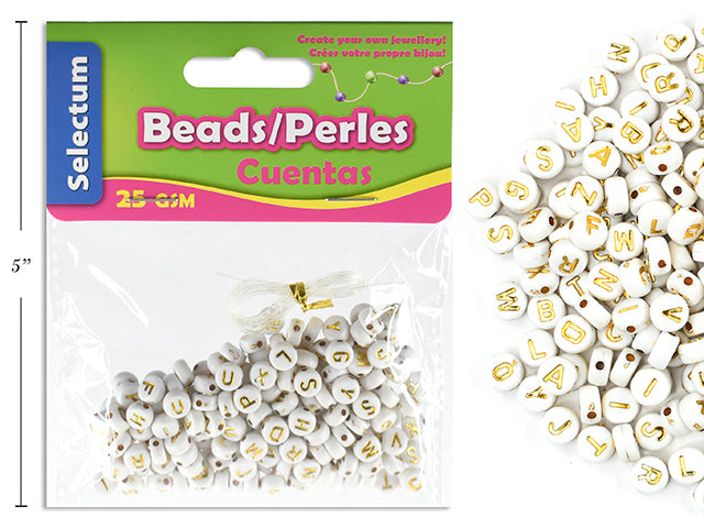 Carton of 12 Letters Plastic White Beads With Gold