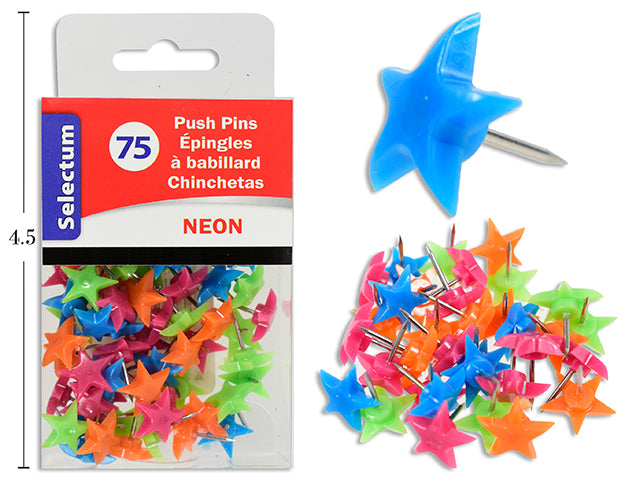 Carton of 24 Neon Stars Push Pins 75 Pack