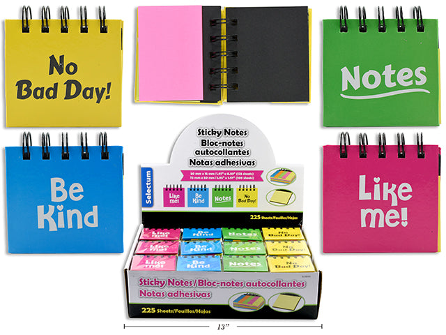 Carton of 48 Sticky Notes Coil Book 225 Shts- 5 Asst Colors English Only, 7.5X7.5Cm ( 2.96X2.90") Pdq Asst