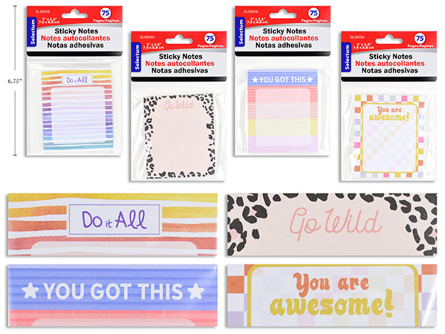 Carton of 12 Design Sticky Notes 75 Shts 3X3.5" 4 Asst ( 7.6X8.8Cm )