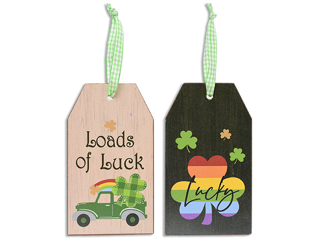 Carton of 24 5-7/8In X 3-3/8In St.Pat'S Luggage Style Mdf Decor W/Plaid Ribbon Hanger. 2 Asst. Cht.