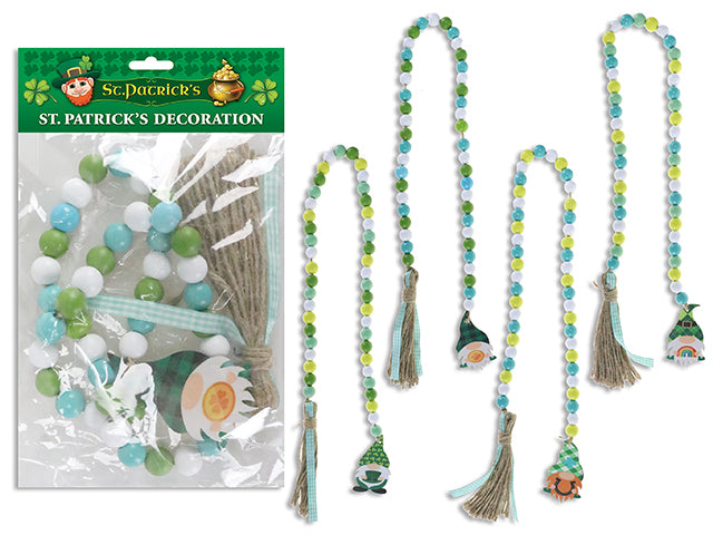 Carton of 24 29.5In St.Pat'S Wooden Beads Decor W/Die-Cut Gnome &Jute Tassel. 15Mm Beads. 4 Asst.Styles. H/C.