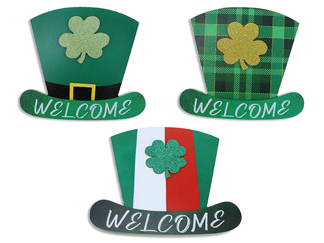 Carton of 12 9-5/8In St.Pat'S Glitter Leprechaun Hat Welcome Hanging Plaque. 3 Asst. Brown Box W/Col.Label.