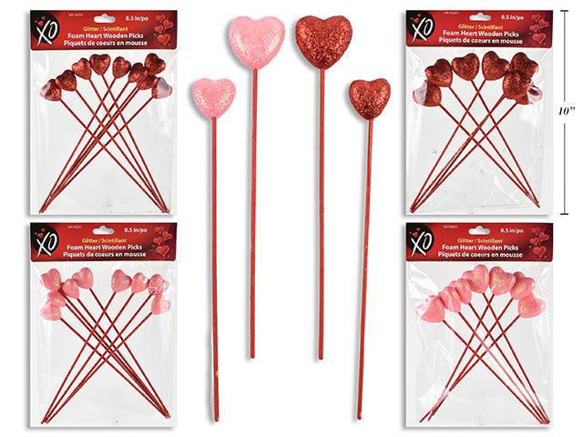 Carton of 32 Glitter Foam Heart Wooden Picks