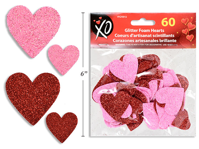 Carton of 24 Glitter Eva Foam Craft Hearts 60 Pack