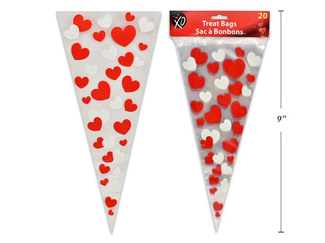 Carton of 24 Heart Print Cone Cello Treat Bags 20 Pack