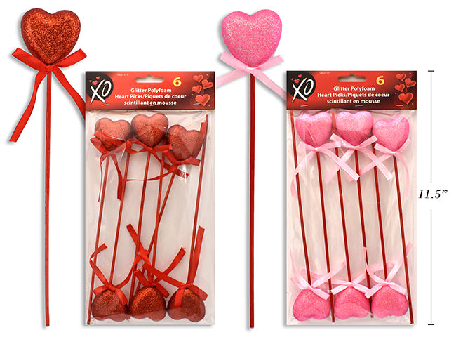 Carton of 24 Glitter Polyfoam Heart Picks 6 Pack