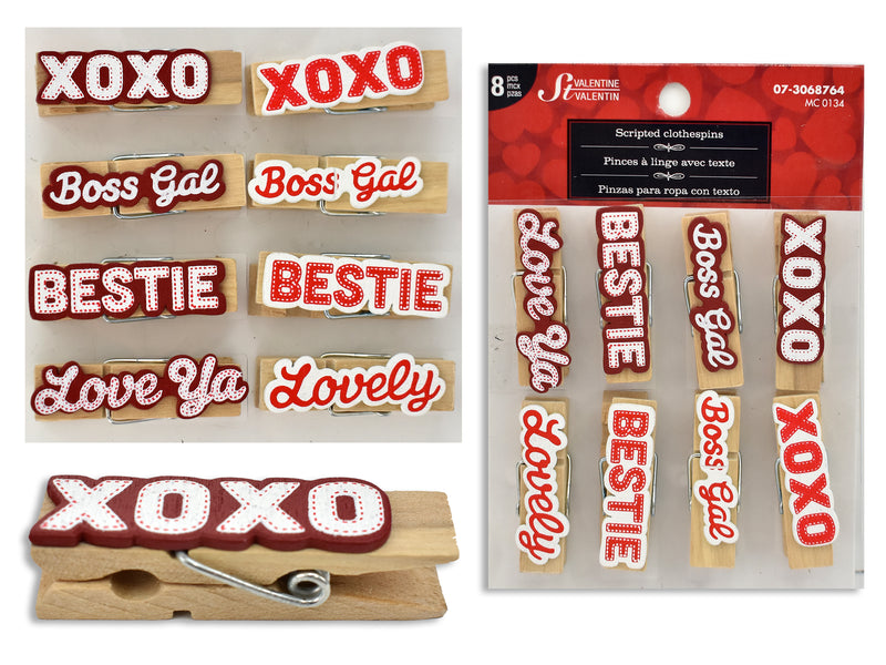 Carton of 6 3D Tip On Valentine Scripted Wooden Clothespins