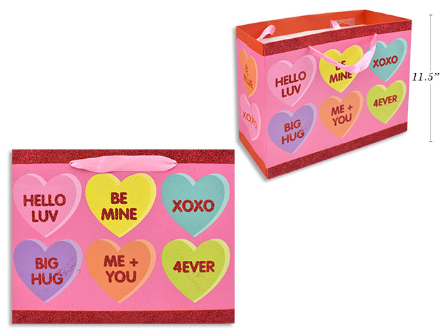 Carton of 24 Valentines Matte Glitter Conversation Heart Horizontal Gift Bag Medium