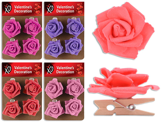 Carton of 24 Valentines Foam Rose Wooden Clips