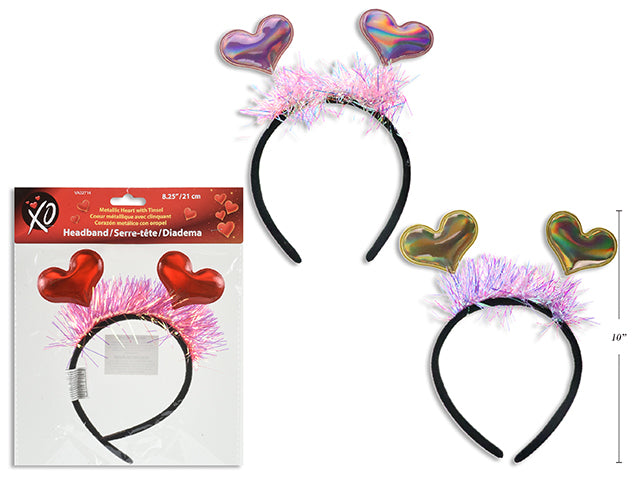 Carton of 24 8.25In Adult V'Tine Metallic Heart Headband.