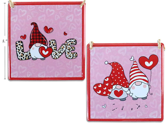 Carton of 24 Valentines Gnome Hanging Square Metal Plaque With Jute Hanger