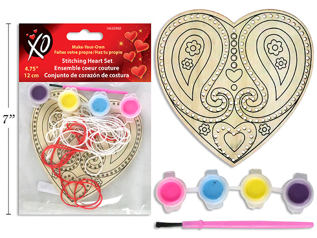 Carton of 24 Valentines Wooden Color Your Own Stitching Heart Set