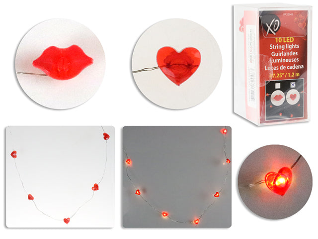 Carton of 24 47.25In B/O 10-Led V'Tine Icon Stringlights. 2 Asst: Lips / Heart. Pvc Box W/Col.Insert.