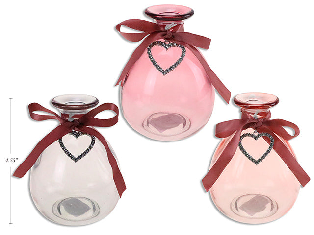 Carton of 24 Valentines Tinted Glass Vase With Heart Toggle And Satin Ribbon